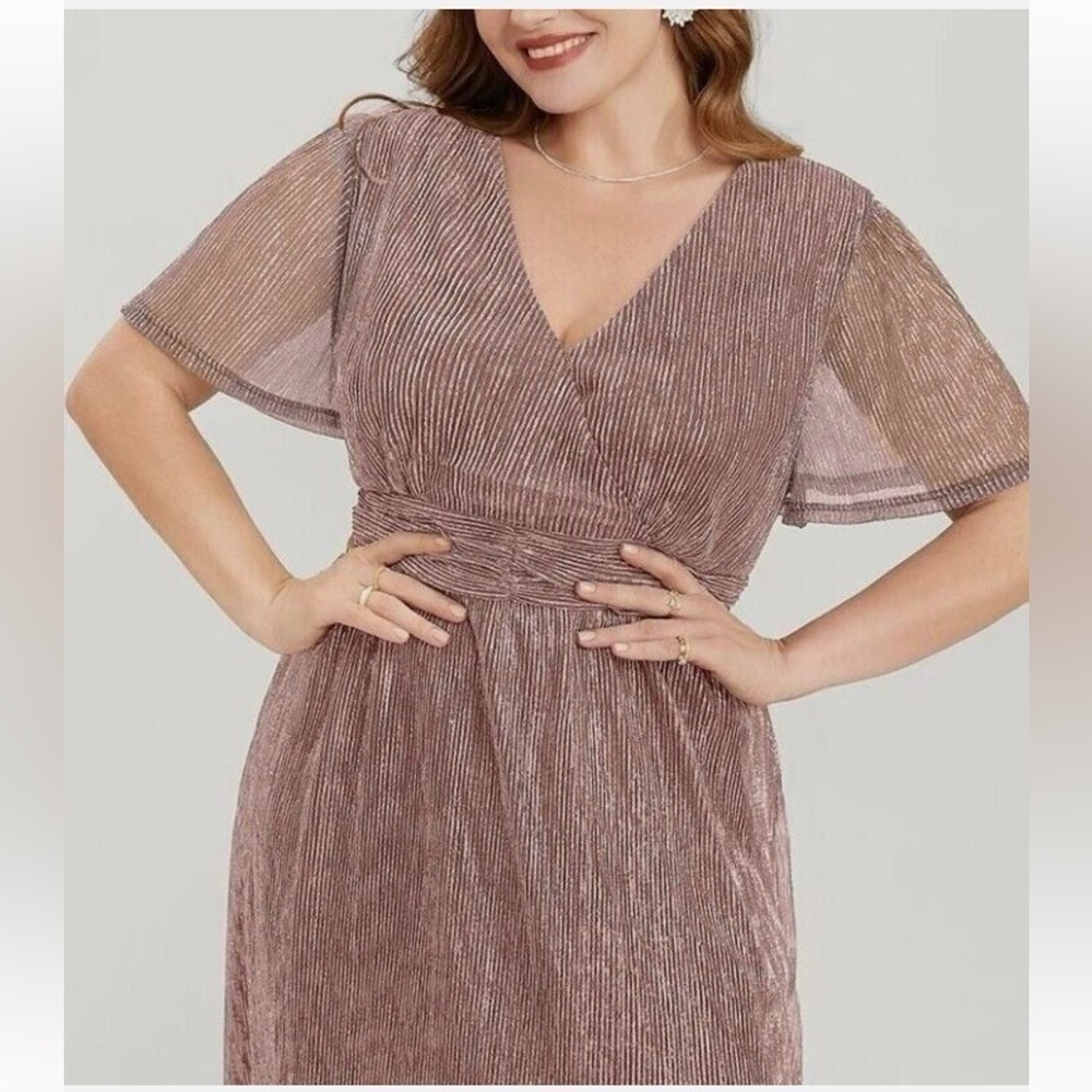 Bloomchic Plus Size Glitter Mesh Surplice Neck Ruffle Sleeve Pocket Midi Dress - Picture 2 of 6